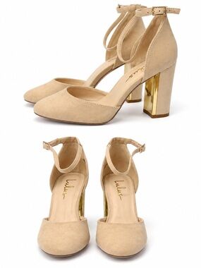 Lulu's Beige Suede Ankle-Strap Block Heels with Gold Accent